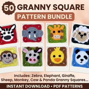 50 Granny Square & Animal Motif Crochet Patterns Bundle, Zebra Lion Elephant PDF Pattern Collection, Instant Download