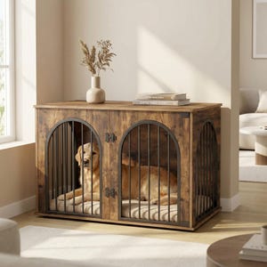 Caseta de madera moderna para perros de interior: caseta de madera con 3 puertas, mesa auxiliar elegante, caseta resistente para perros medianos y grandes.