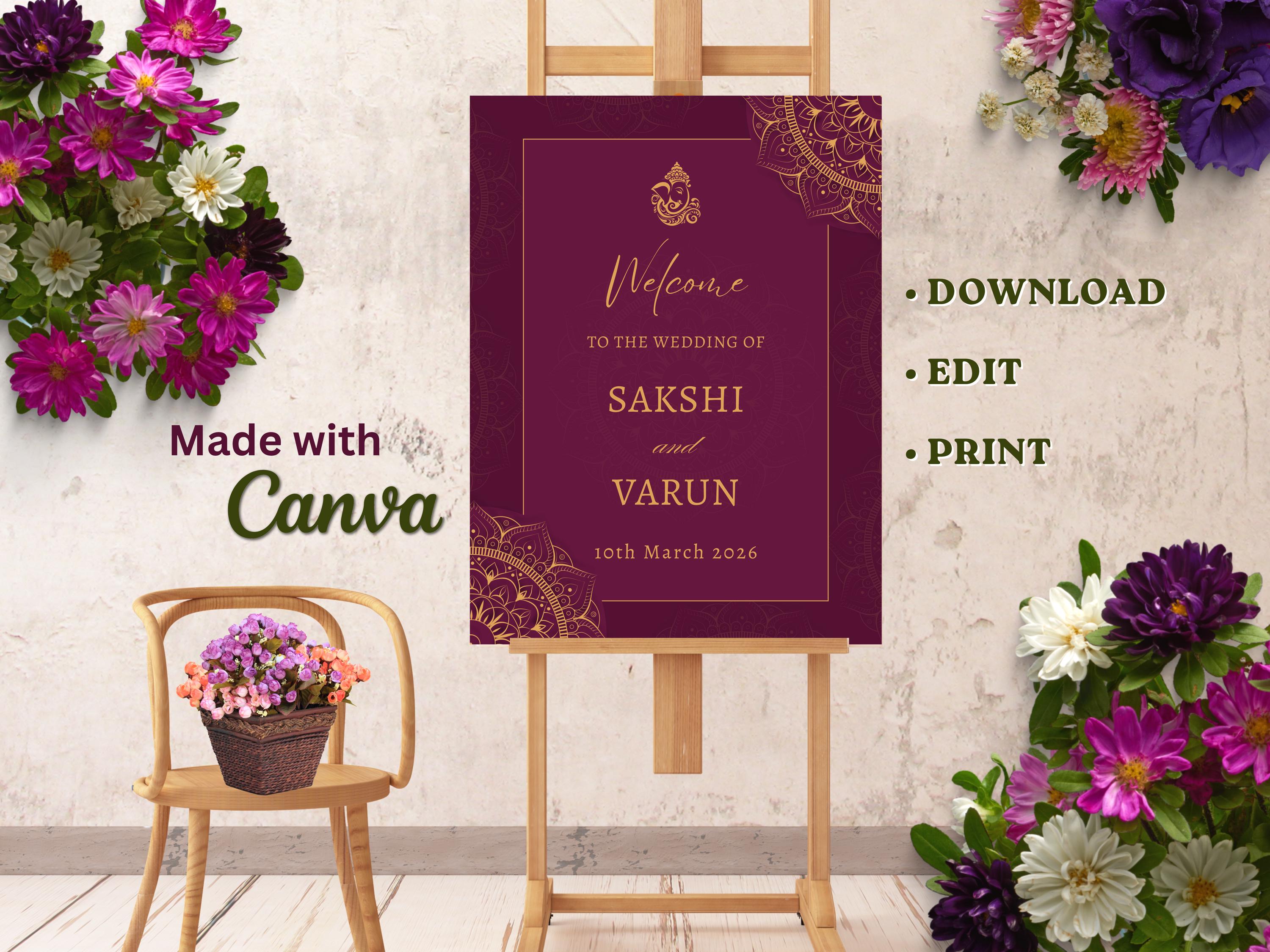 Indian Wedding Welcome Sign Template Editable Canva Burgundy Gold Hindu ...