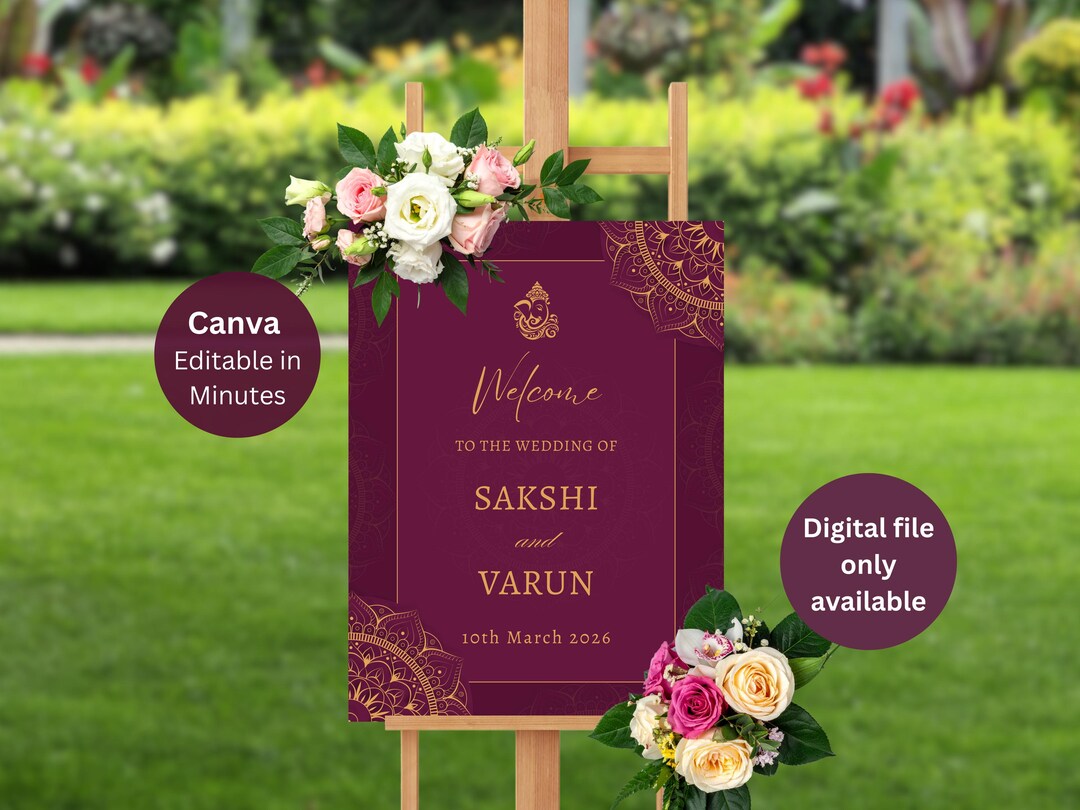Indian Wedding Welcome Sign Template Editable Canva Burgundy Gold Hindu ...