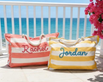 Personalisierte Gestreifte Canvas Strandtasche, Benutzerdefinierte Chenille bestickte Tasche