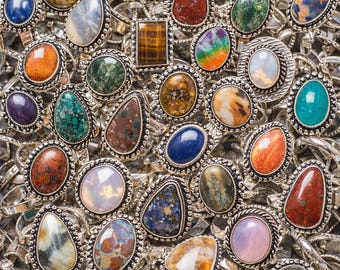 Wholesale 25 PCS Sterling Silver Gemstone Rings, Mixed Boho Statement Rings (Lot)