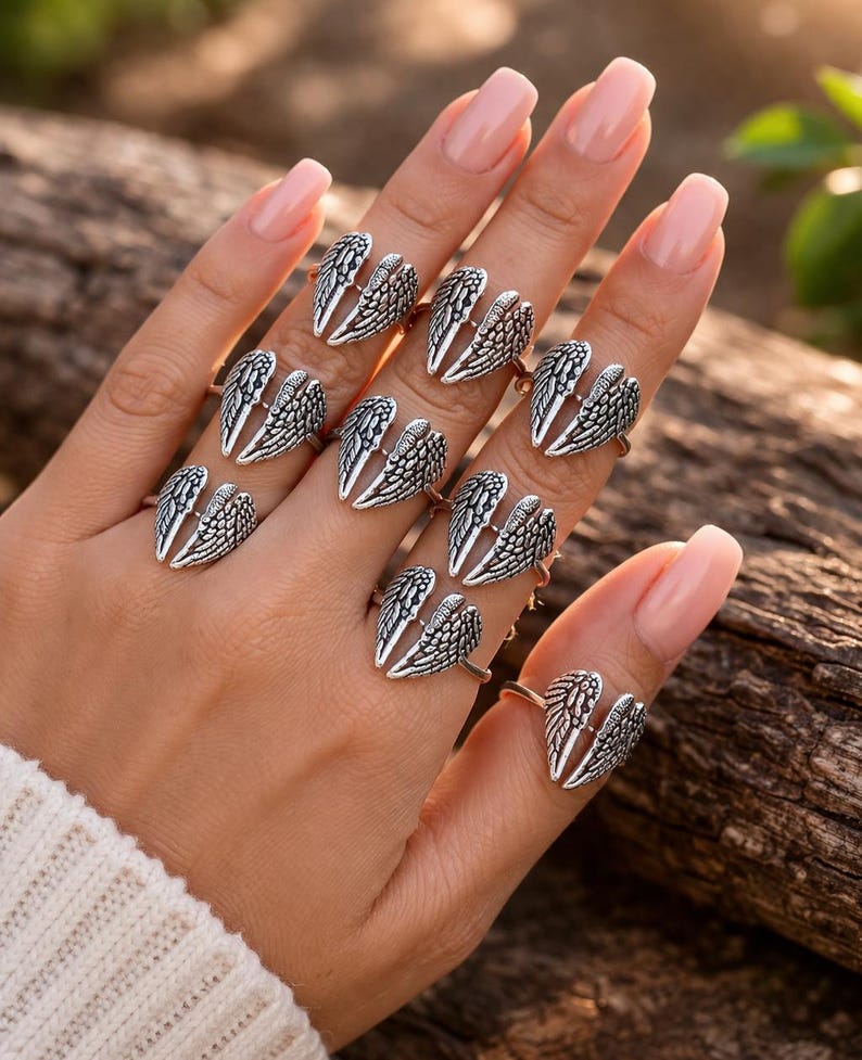 Angel Wing Ring, Adjustable Silver Wing Ring, Guardian Angel Jewelry, Boho Statement Ring, Spiritual Protection Ring, Minimalist Open Ring image 1