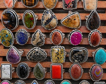Handmade Gemstone Silver Rings Lot, Wholesale Rings Set, Adjustable Boho Rings, Natural Stone Jewelry, Bulk Rings for Women, Gift Jewelry