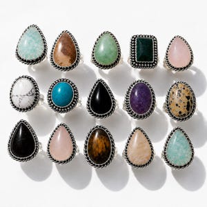 Wholesale Gemstone Rings Lot, Mixed Stone Rings, Silver Plated Ring Bundle, Mixed Sizes, Boho Jewelry Reseller Bulk Gift Lot