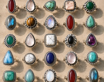 Wholesale Gemstone Rings Lot, 925 Sterling Silver Boho Rings, Handmade Natural Stone Statement Rings, Vintage Crystal Jewelry Bulk Gifts