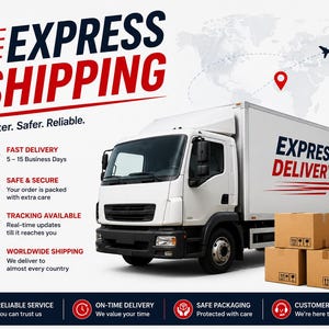 Puede incluir: Un camión de reparto blanco con las palabras "EXPRESS SHIPPING" y "EXPRESS DELIVERY" en rojo y azul. La imagen incluye iconos de entrega rápida, embalaje seguro, seguimiento y envío a todo el mundo. Cajas de cartón apiladas.