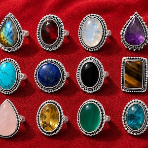 Lote de anillos de piedras preciosas al por mayor, anillos de piedras naturales mixtas, anillos de plata estilo boho a granel, lote de joyería para revendedores, existencias para tiendas de regalos, joyería de boutique