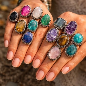 Colorful Gemstone Ring Collection, Bohemian Statement Ring, Crystal Jewelry, Handmade Silver Ring, Gift For Her jewelry