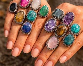 Colorful Gemstone Ring Collection, Bohemian Statement Ring, Crystal Jewelry, Handmade Silver Ring, Gift For Her