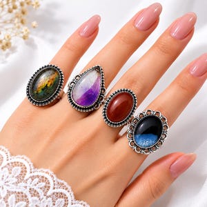 Lote al por mayor de anillos de piedras preciosas naturales, anillos llamativos chapados en plata, paquete de anillos de piedras mixtas, joyería boho a granel, regalo para ella.