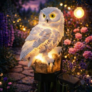 May include: A white owl-shaped garden light fixture with yellow eyes and a solar panel. The owl is perched on a tree stump, illuminated from within. The background features a garden with flowers and string lights.