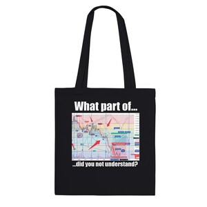 Op de afbeelding: Zwarte draagtas met de tekst "What part of... ...did you not understand?" en een kleurrijke grafiek met rode pijlen. De tas heeft zwarte handvatten.