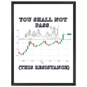 May include: A framed print with the text "YOU SHALL NOT PASS" above a stock market graph. The graph shows green and red candlesticks, with the text "(THIS RESISTANCE)" at the bottom. The image includes a line drawing of characters.