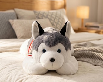 Giant Husky Plush Pillow - Long Huggable Stuffed Dog Toy