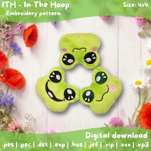 May include: Three lime green frog plushies with black and white eyes and smiling faces. The top frog is a single piece, while the bottom two have separate eye and mouth details. The image includes the text "ITH - In The Hoop Embroidery pattern" and "Digital download".