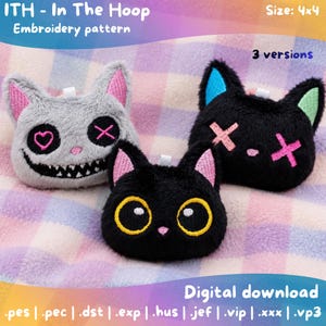 以下が含まれることがあります： ITH In The Hoop刺繍パターン用の3つのぬいぐるみ猫の頭、サイズ4x4。ハートの目を持つ灰色の猫1匹、ピンクのXの目を持つ黒い猫1匹、大きな黄色い目を持つ黒い猫1匹。デジタルダウンロード形式が含まれています：pes、pec、dst、exp、hus、jef、vip、xxx、vp3。
