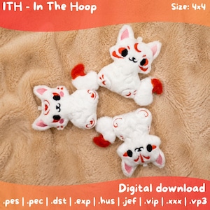 May include: Three white plush fox-like creatures with red accents and black eyes, featuring embroidered details. The image includes the text ITH - In The Hoop, Size: 4x4, and Digital download, along with a list of file formats: .pes, .pec, .dst, .exp, .hus, .jef, .vip, .xxx, .vp3.