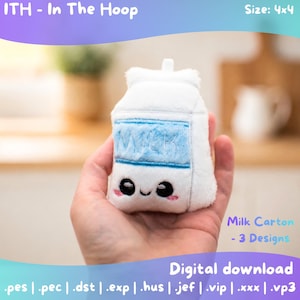 Könnte beinhalten: Ein weißer Plüsch-Milchkarton mit einem blauen, flauschigen Feld und einem lächelnden Gesicht. Der Text "Milk" ist auf dem blauen Feld zu sehen. Das Bild enthält auch den Text "ITH - In The Hoop", "Size: 4x4", "Milk Carton - 3 Designs" und "Digital download".
