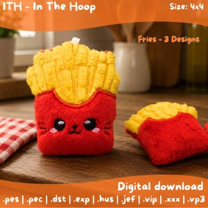 Könnte beinhalten: Zwei Plüsch-Pommes-Spielzeuge mit gestickten Gesichtern, gelben strukturierten Oberteilen und roten Basen. Der Text lautet ITH - In The Hoop, Size: 4x4, Fries - 3 Designs und Digital download mit den Dateiformaten .pes, .pec, .dst, .exp, .hus, .jef, .vip, .xxx, .vp3.