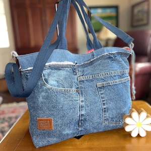 Upcycled Denim Shoulder Bag, Boho Patchwork Jean Purse, Red Lined Tote