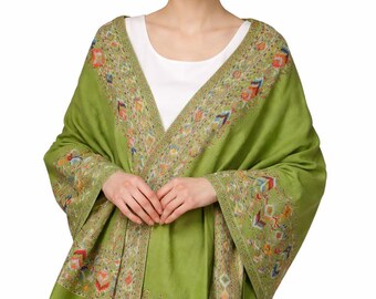 Embroidered Wool Blend Shawl – Green Ethnic Boho Wrap, Festival Stole