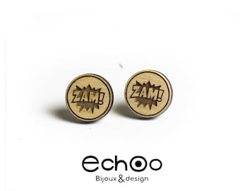 comic zam wood earrings,post earrings,gift for her,wood stud earrings,