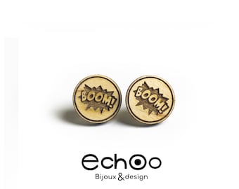 Boom comic wood earrings,cute post earrings,gift for her,wood post earrings,wood stud earrings