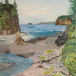 May include: An acrylic painting of a coastal scene. The artwork shows a sandy beach with driftwood, a small stream, and ocean waves. Cliffs and trees frame the seascape under a cloudy sky. The painting is signed in the lower right corner.
