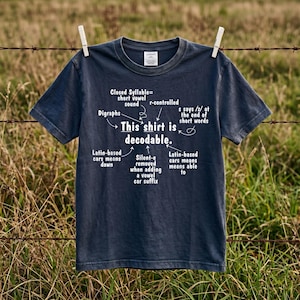 May include: A dark blue short-sleeve t-shirt featuring white text and arrows explaining linguistic concepts. The central text reads, "This shirt is decodable," surrounded by labels like "Closed Syllable," "Digraphs," "r-controlled," and "Latin-based."