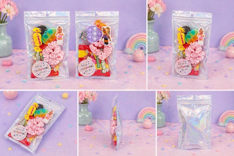 May include: A clear, resealable plastic pouch containing a collection of party favors, including a pink fabric scrunchie, a small colorful fidget toy, a character sticker, and a round tag with the text Thank you for celebrating with me.