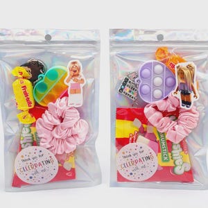 May include: Two iridescent plastic pouches containing party favor sets. Each bag includes a pink fabric scrunchie, a small fidget toy, a character sticker, and assorted candies. A circular sticker on the front of each bag reads Thank you for CELEBRATING with me.