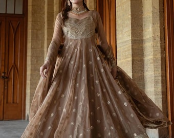 Brown Anarkali Dress Women Wedding Guest Outfit Pakistani Party Wear Gown Elegant Long Chiffon Dress