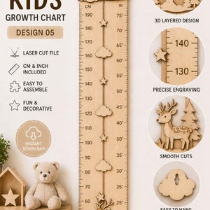 Puede incluir: Gráfico de crecimiento infantil de madera con diseño de montaña y sol, que mide hasta 190 cm. Cuenta con nubes, estrellas y un ciervo. Incluye medidas en cm y pulgadas. El texto en el gráfico dice "KIDS GROWTH CHART DESIGN 05".