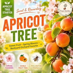 May include: An apricot tree starter kit advertisement featuring the text Apricot Tree Starter, Sweet & Rewarding, and Fresco Garden. The image displays ripe orange apricots on a branch with green leaves and white blossoms, plus icons for spring flowers, edible fruit, and bees.
