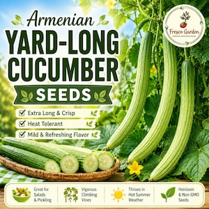 May include: Armenian Yard-Long Cucumber seeds packet featuring text and images of long, light green cucumbers hanging from vines and sliced in a woven basket. The label includes features like Extra Long & Crisp and Heat Tolerant.