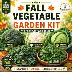 May include: A Fall Vegetable Garden Kit featuring five heirloom seed varieties: Waltham broccoli, Snowball cauliflower, Golden Acre cabbage, Blue Curled Scotch kale, and Bloomsdale spinach. The kit includes non-GMO seeds for fall planting.