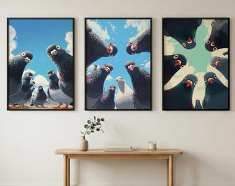 Whimsical Pigeon Art Print, Quirky Animal Wall Decor, Maximalist Home Art (Digital Download)