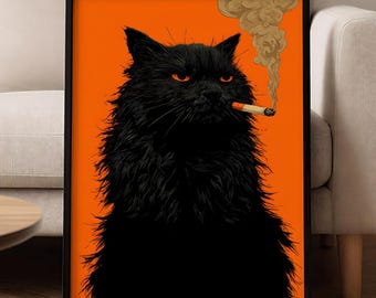 Black Cat Smoking a Cigarette, Vintage Poster Art, Funny Animal Wall Decor, Poster for Bar Cart, Quirky Kitchen Wall Art, Unframed