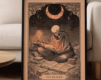 The Reader Tarot Card Print, Dark Academia Skeleton Art, Gothic Witchy Library Decor