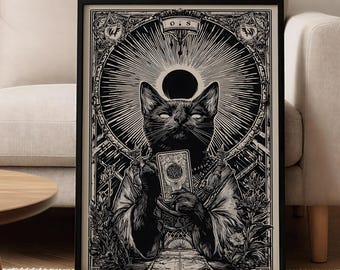 Black Cat Tarot Wall Art – Dark Occult Print, Gothic Witchy Decor, Unframed