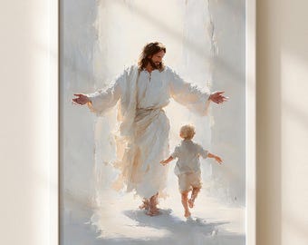 Jesus Welcoming Boy Christian Art Print, Impasto Heavenly Light Painting