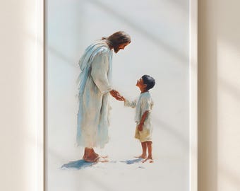 Jesus Holding Hands with Boy Christian Art Print, Textured Impasto Painting