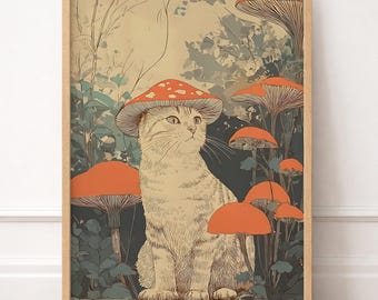 Mushroom Hat Cat Print, Whimsical Woodland Forest Art, Cottagecore Retro Decor