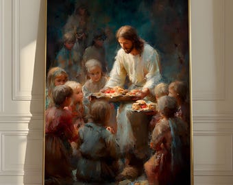 Jesus Feeds Children Impasto Oil Print, Religious Bible Christian Wall Art