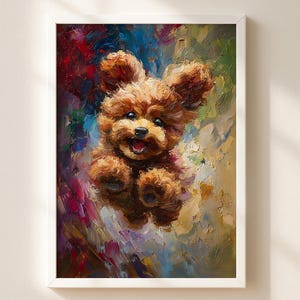Stampa di un allegro barboncino, pittura ad olio a impasto, arte canina colorata, poster di un cucciolo di Cavapoo
