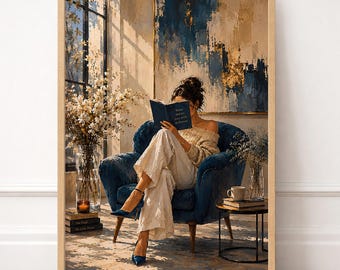 Lost Between Pages | Blue Chair Reading Art Print | Literary Interior Wall Decor