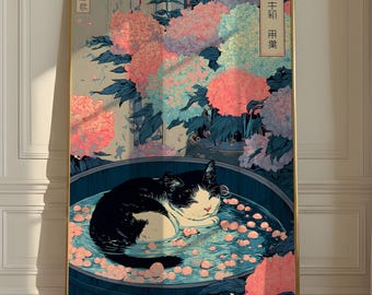 Black Cat in Onsen: Japanese Bathroom Print, Floral Anime Wall Art, Unframed
