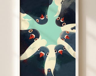 Whimsical Pigeon Art Print, Mid Century Retro Bird Poster, Quirky Animal Wall Art