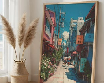 Japanese Street Print, Retro Pastel Anime Wall Art, Summer Ghibli Cityscape Poster (Unframed)